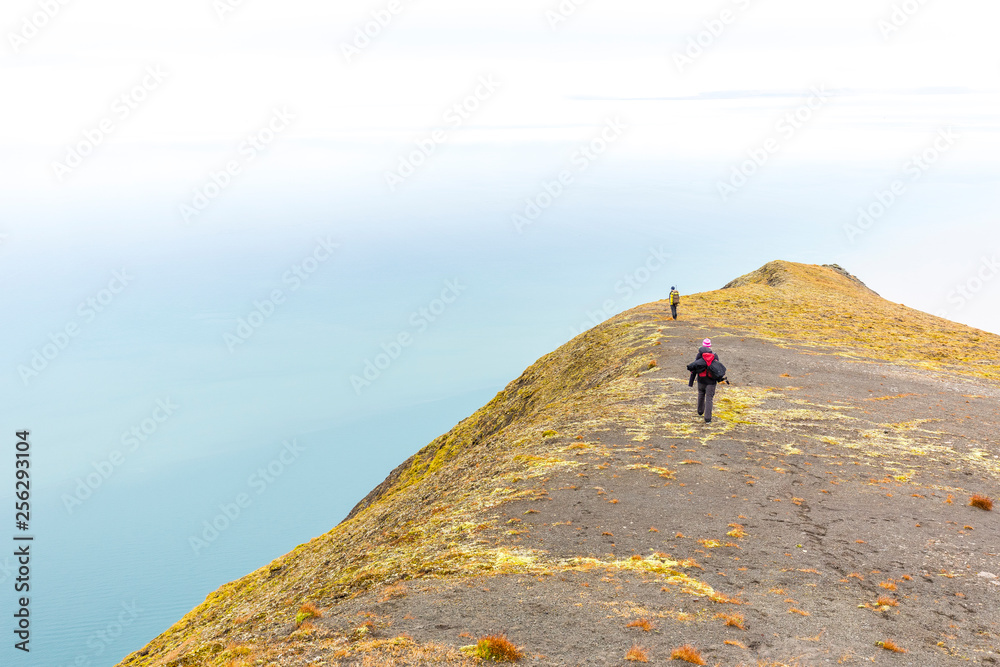 Hiking along the Ridge, Bjorndalen to the right and a beautiful view to Isfjorden to the left, Fall in Spitzbergen, Svalbard, Norway