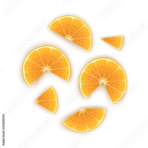 Bright vector set of colorful half, slices of orange. Fresh cartoon slices of orange on white background.