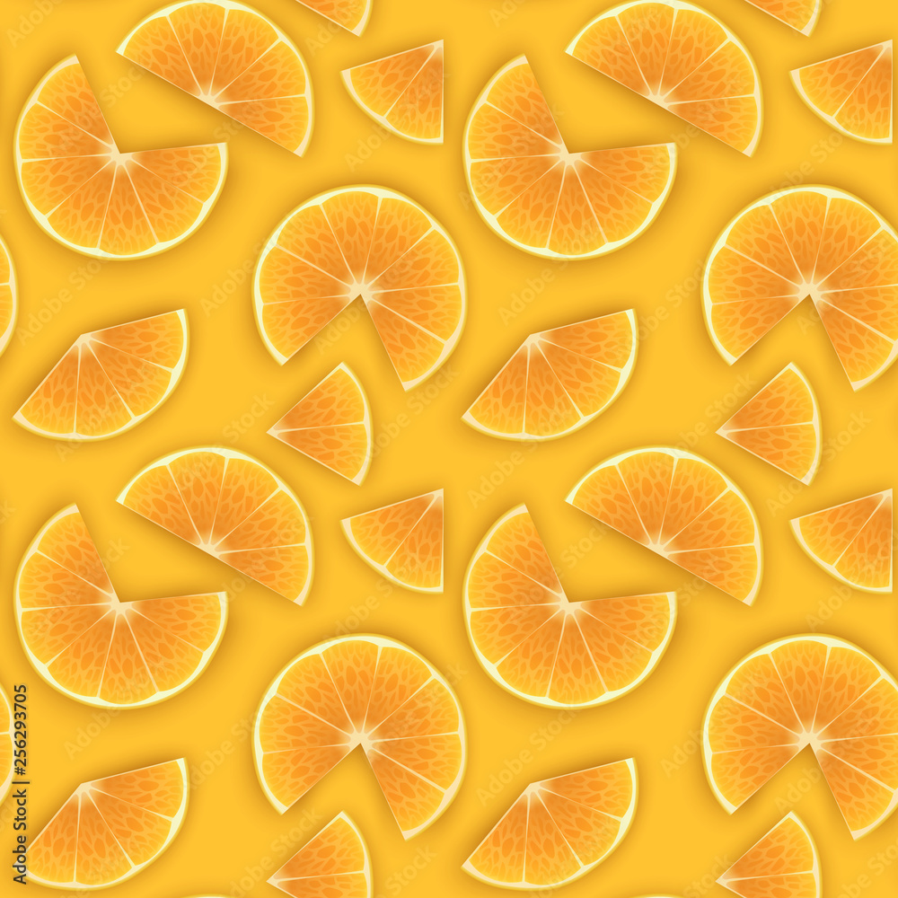 Seamless Endless Pattern with Print of Fresh orange slices, in cartoon style on orange background. Can be used in food industry for wallpapers, posters, wrapping paper, Vector illustration