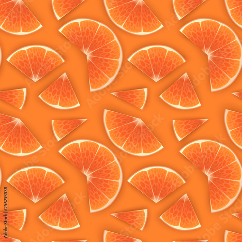 Seamless Endless Pattern with Print of Fresh orange slices, in cartoon style on orange background. Can be used in food industry for wallpapers, posters, wrapping paper, Vector illustration