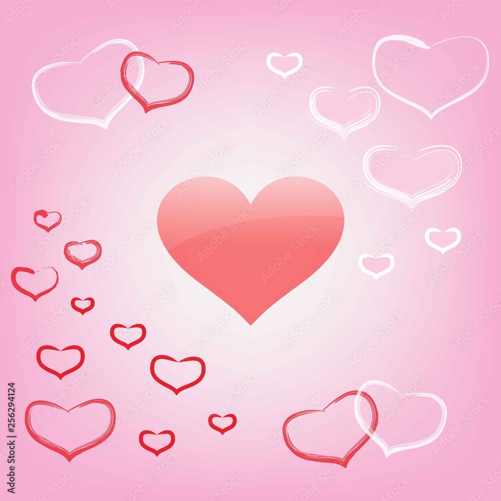 different hearts on a pink background