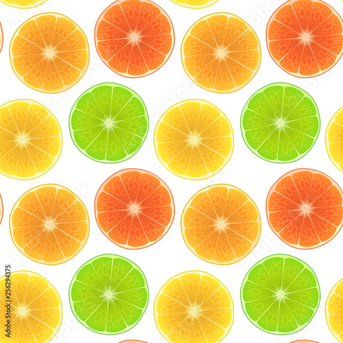 Seamless Endless Pattern with Print of Fresh orange slices, lime and lemon in cartoon style on white background. Can be used in food industry for wallpapers, posters. Vector illustration