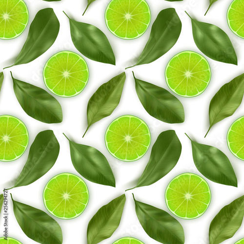 Seamless Endless Pattern with Print of Fresh Lime slices, lime and leaves in realistic style on white background. Can be used in food industry for wallpapers, posters. Vector illustration