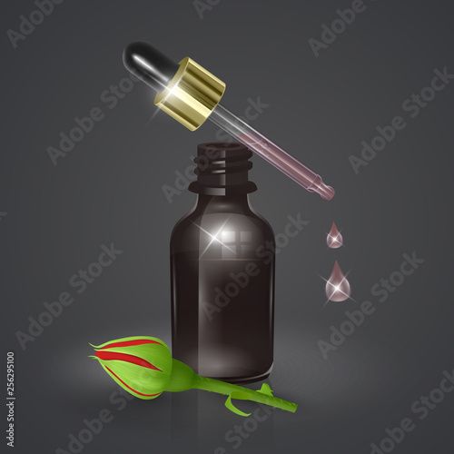 Essential rose oil, realistic 3d illustration. Hydration serum with rose extract. Perfect for advertising, flyer, banner, poster. Vector EPS 10