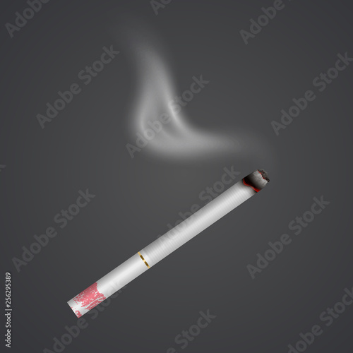 Realistic cigarette with smoke and lipstick print isolated on background. female addiction. Tobacco. Narcotic problem concept, Vector Eps 10 illustration