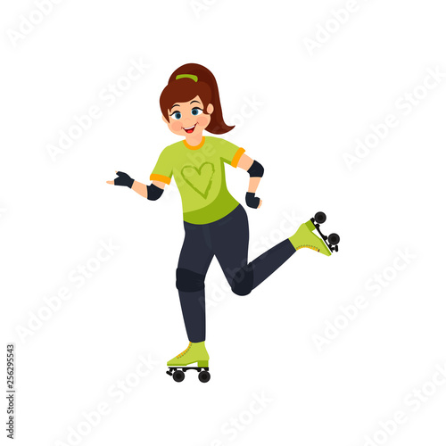Little cute girl on roller skates. Teen rides on roller skates. Vector illustration isolated on a white background.