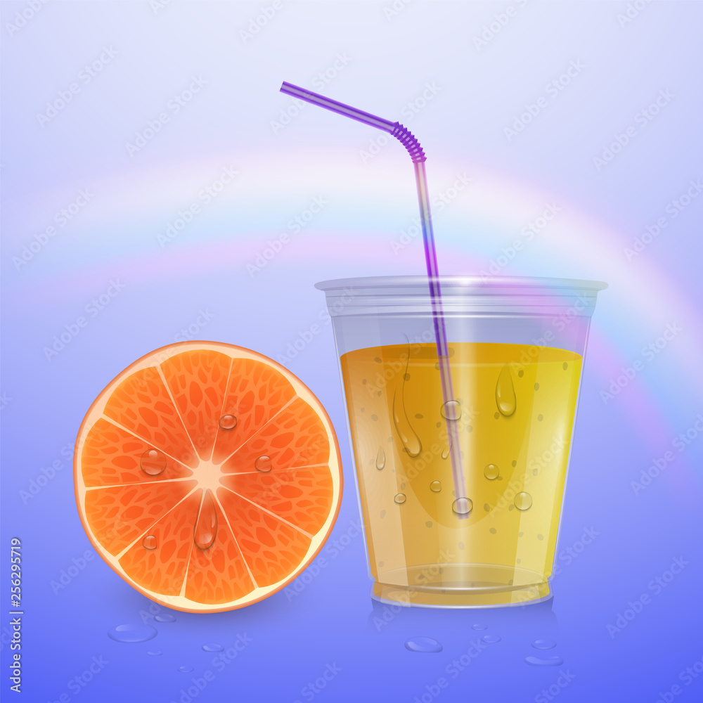Filled Disposable Plastic Cup. Orange Juice. Transparent. Illustration Isolated On light Background Mock Up Template Ready For Your Design. Filled Disposable Plastic Cup. Orange Juice. Transparent. Illustration Isolated On light Background Mock Up Template Ready For Your Design.