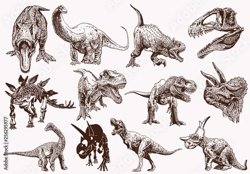 Graphical vintage set of dinosaurs ,retro background,vector illustration