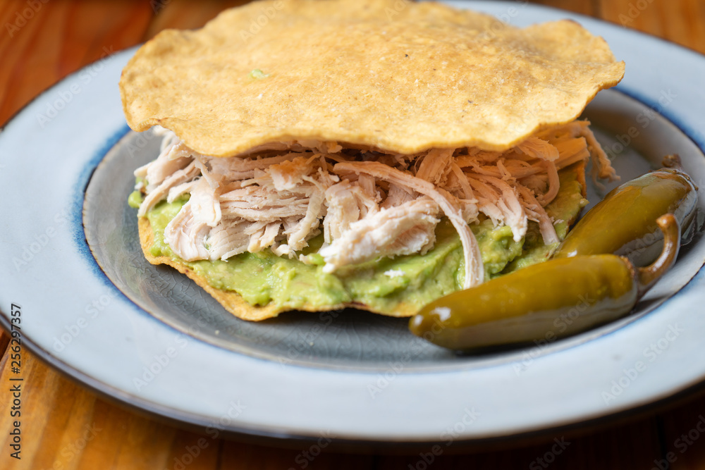 Mexican food. Tortilla toast with chicken and guacamole 