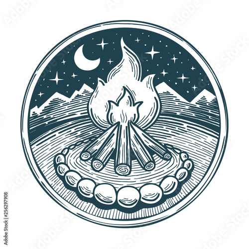 Camping. Campfire. Mountain travel emblem.  Camping adventure hand drawn illustration.  Travel and outdoor tourism sketch drawing logo.  