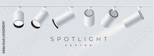 Modern spotlights realistic transparent background for show contest or interview. Minimalistic lamp in grey color. Monochrome. Isolated. vector illustration eps 10