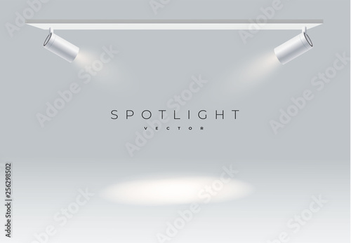 Two spotlights realistic on panel with bright white light shining stage vector set. Illuminated effect form projector, projector for studio. Minimalistic lamp in grey color eps 10