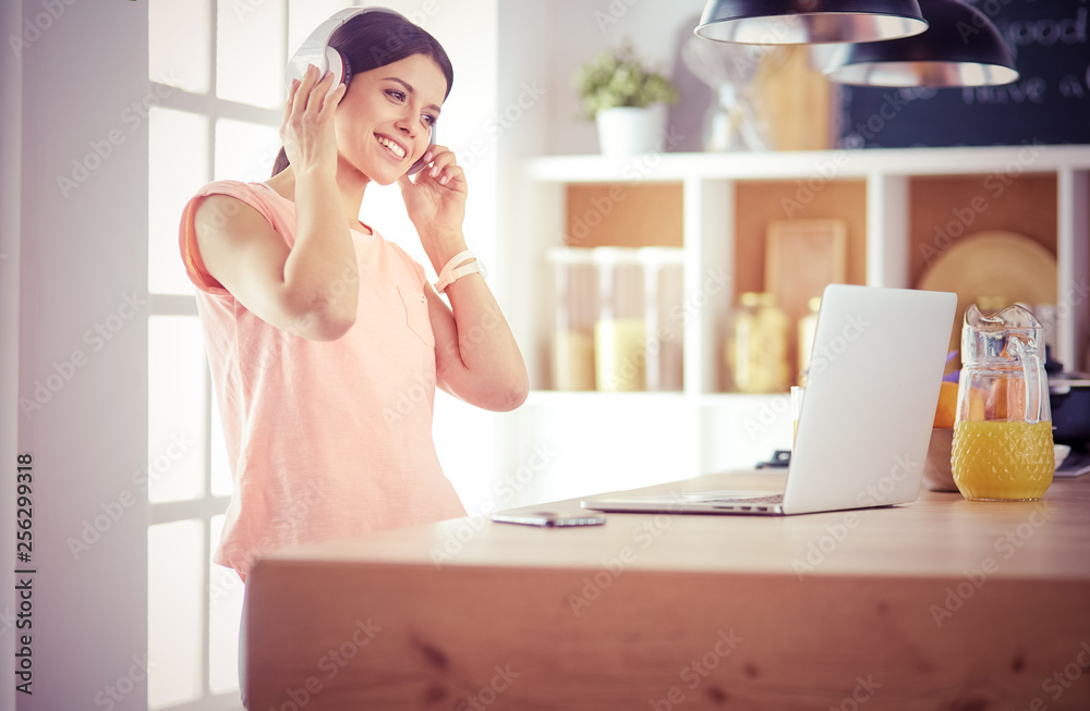 Young woman in kitchen with laptop computer looking recipes, smiling. Food blogger concept. Young woman in kitchen with laptop computer looking recipes, smiling. Food blogger concept.