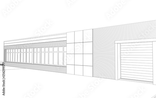 3d render exterior mall, contour visualization, 3D illustration, sketch, outline