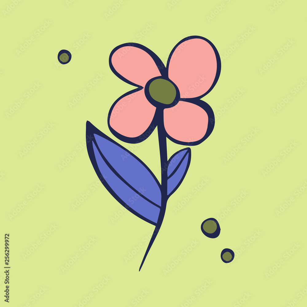 Cartoon style vector doodle illustration of pink, purple flower. Great  design elements for sticker, card, print, poster. Unique and fun drawing  isolated on green background. Botany simple art Stock Vector | Adobe