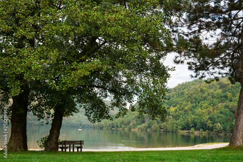 recreation area with trees and wooden bench at lake Levico Termen Italy photo