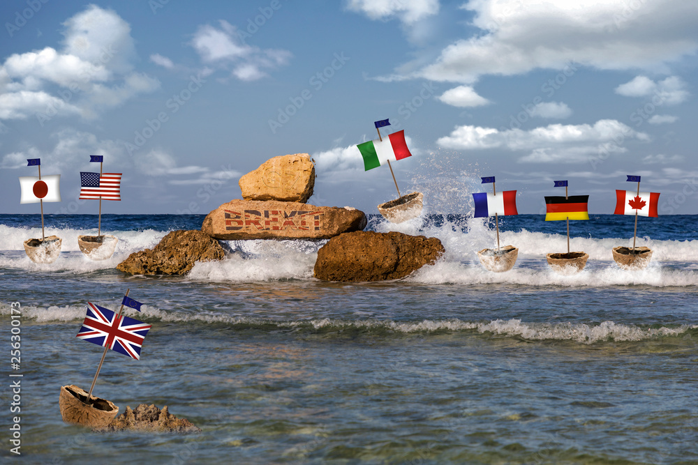 Brexit-Komposition Walnussschalen mit EU-Flaggen auf stürmischer See symbolisieren den Austritt England aus der europäischen Union