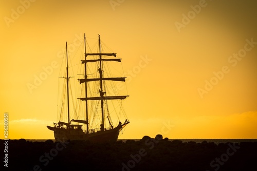 Barquentine Antigua at sunset, Kobbefjord, Spitsbergen archipelago, Svalbard and Jan Mayen, Norway, Europe photo