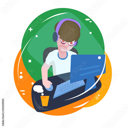 Overwork. Freelancer works at night. Stress. Internet addiction. Deadline.