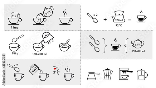 Set of methods of brewing tea and coffee. Preparation instructions. Vector elements for infographics. Set of sign for detailed guideline. Ready for your design. 