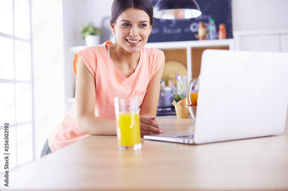 Young woman in kitchen with laptop computer looking recipes, smiling. Food blogger concept. Young woman in kitchen with laptop computer looking recipes, smiling. Food blogger concept.