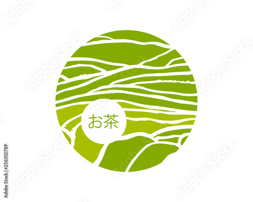 Tea plant on cascades field. Tea title on Japanese