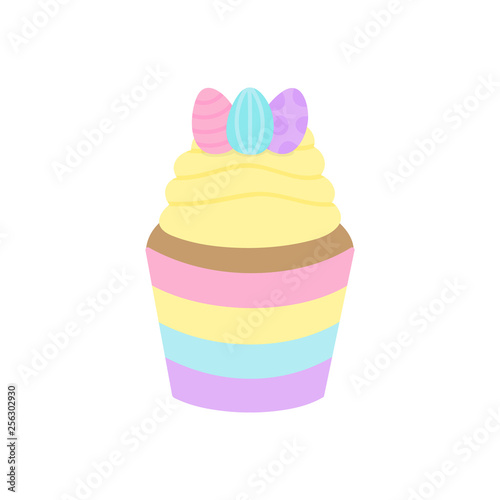 Cute Easter, spring cupcake vector illustration. Cupcake decorated with vanilla frosting and sugar easter eggs. Isolated.