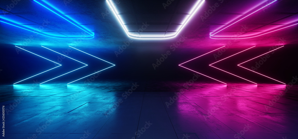 Reflective Room Neon Laser Glowing Blue Purple White Led Lights Arrow Shape Reflecting On Concrete Sci Fi Futuristic Background Empty Hall Garage Alien Spaceship Tunnel 3D Rendering