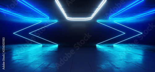 Fototapeta Naklejka Na Ścianę i Meble -  Reflective Room Neon Laser Glowing Blue White Led Lights Arrow Shape Reflecting On Concrete Sci Fi Futuristic Background Empty Hall Garage Alien Spaceship Tunnel 3D Rendering
