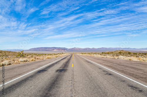 A long road through a remote Nevada landscape, with a blue sky overhead