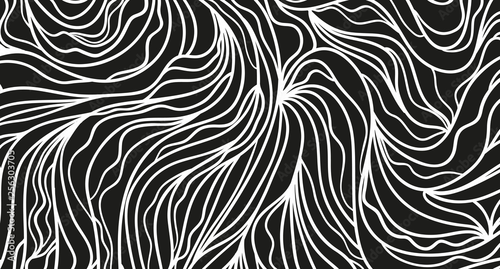 Wavy background. Hand drawn waves. Stripe texture with many lines. Waved pattern. Line art. Black and white illustration