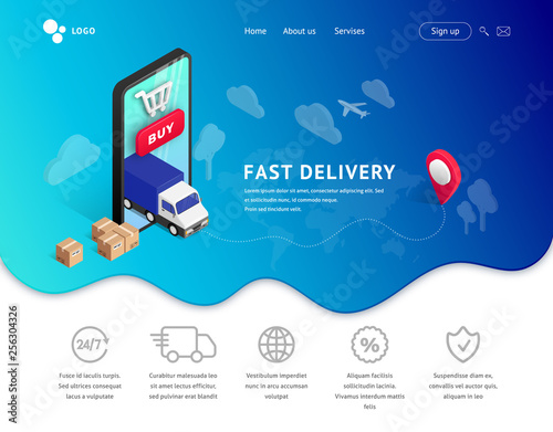 Delivery service landing with phone, icons