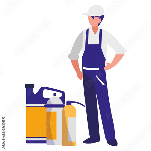 mechanic worker with extinguisher fire and oil gallon © djvstock