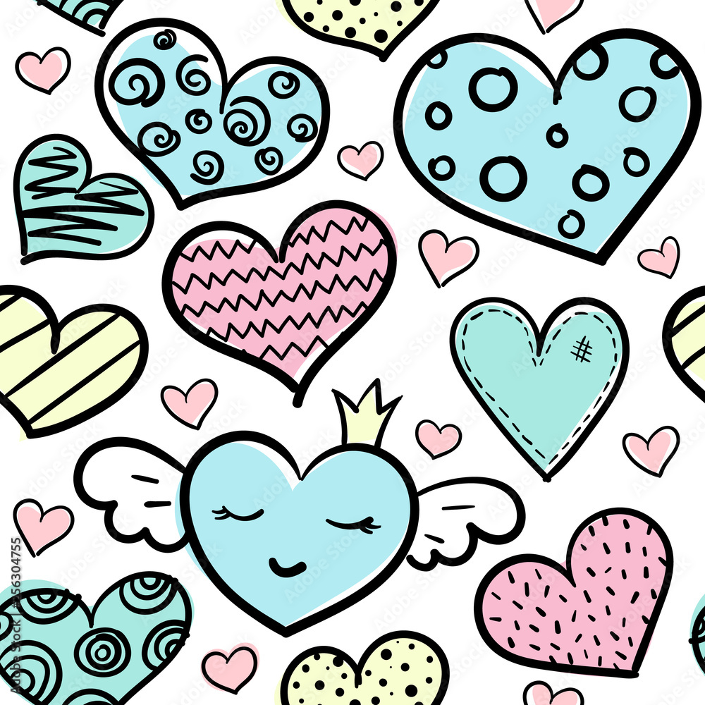 Doodle colored hearts seamless pattern