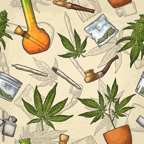 Seamless pattern with marijuana leaf. Vintage black vector engraving illustration
