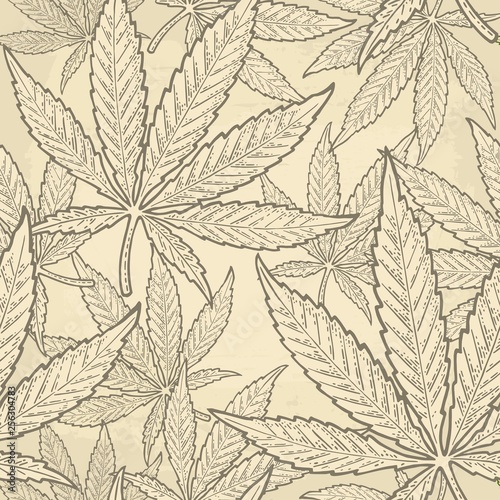 Seamless pattern with marijuana leaf. Vintage black vector engraving illustration