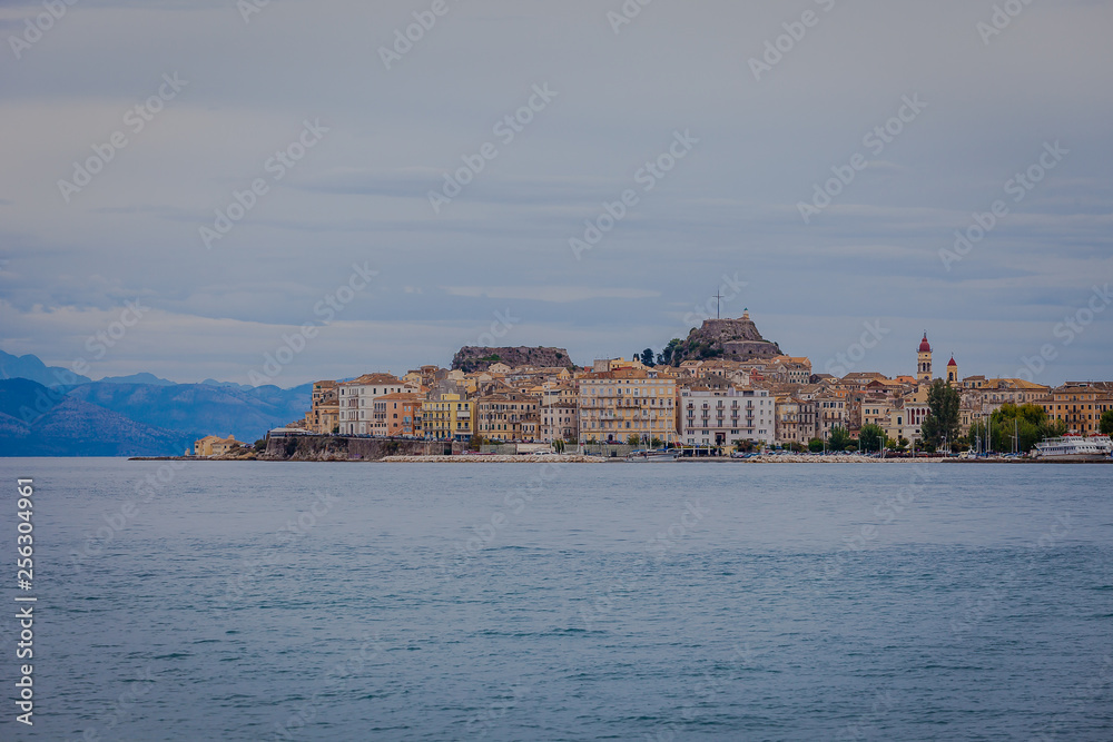 Panorama of the city of Corfu with venetian Fortress on a rainy day