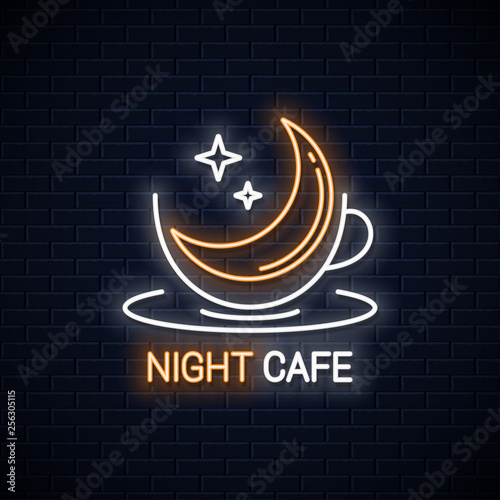 Coffee cup logo. Night coffee with moon linear