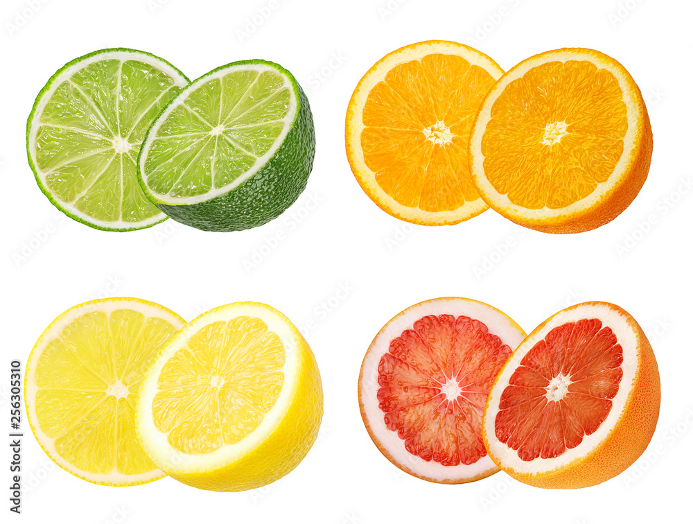 Collage of fresh citrus isolated on white background with clipping path Collage of fresh citrus isolated on white background with clipping path