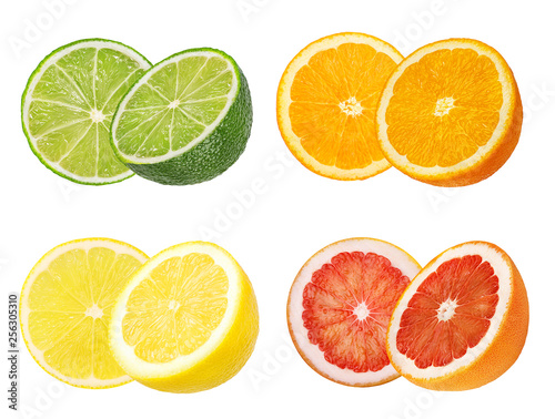 Collage of fresh citrus isolated on white background with clipping path