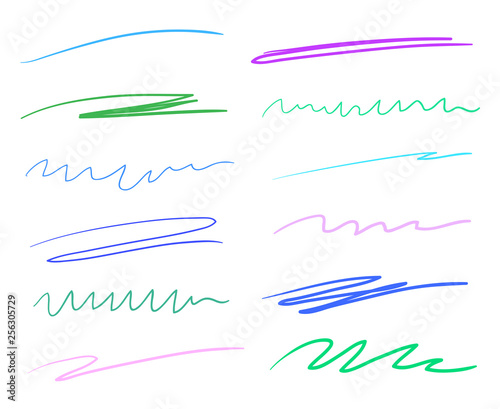 Colored backgrounds with array of lines. Stroke chaotic backdrops. Hand drawn underlines. Colorful illustration. Elements for posters and flyers