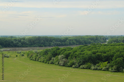Beautiful landscape of the river and forest with an open field.
