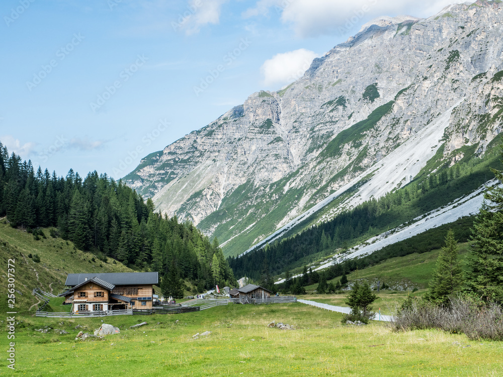Mountain landscape with  farm  restaurant, the Pinnistal valley branches off from the Stubai valley, Stubai Alps, Tyrol, Austria, Europe