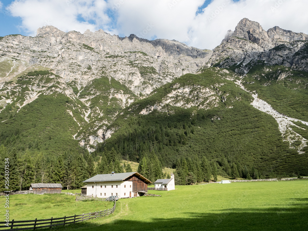 Obraz premium Alpine dairy farm in a mountain landscape in the Pinnistal, a valley that branches off from the Stubai valley, Stubai Alps, Tyrol, Austria, Europe