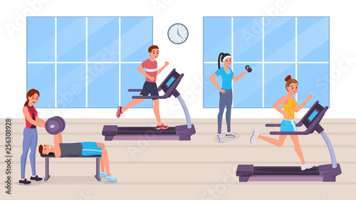 People having workout in gym illustration