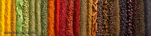 Panorama spices and herbs for food labels. Seasonings and flavors background photo