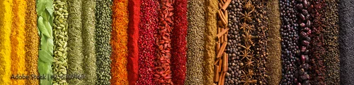 Obraz  z motywem Panorama spices and herbs for food labels. Seasonings and flavors background
