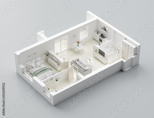 3D Floor plan of a home, 3D illustration. Open concept living apartment layout