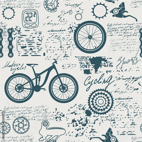 Bicycles.Vector abstract seamless pattern on the theme of bikes, adventures and discoveries. Old manuscript with spare parts, and other symbols with blots and stains in vintage style.
