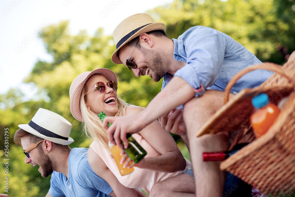 Happy young friends having picnic in the country Happy young friends having picnic in the country